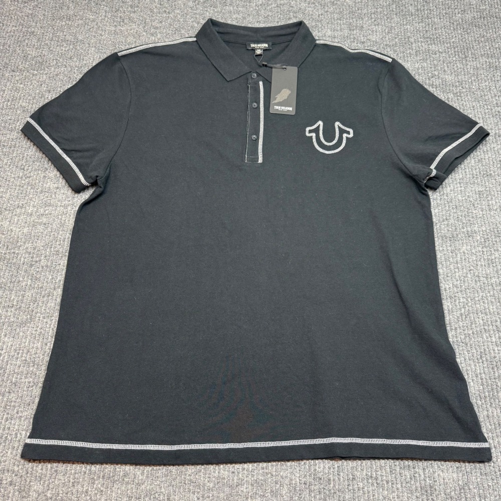 True Religion Horseshoe Logo Polo Shirt Black Flatlock Men's 3XL NWT